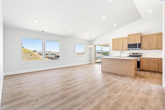kitchen with appliances with stainless steel finishes, open floor plan, light countertops, light wood-type flooring, and recessed lighting
