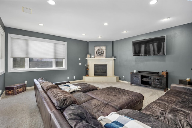 3501 W 42nd Ave, Kennewick, WA 99337 - carpeted living area featuring recessed lighting, baseboards, and a glass covered fireplace