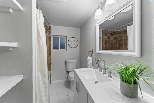 full bathroom with baseboards, toilet, marble finish floor, curtained shower, and vanity