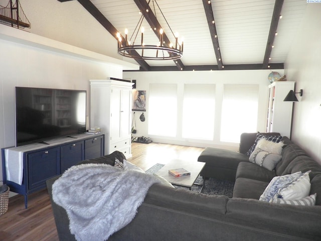 living room with dark wood-type flooring, rail lighting, an inviting chandelier, vaulted ceiling with beams, and wooden ceiling