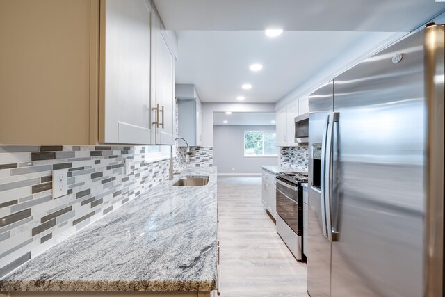 340-342 NW N St, Pullman, WA 99163 - kitchen featuring tasteful backsplash, light wood-style flooring, light stone counters, stainless steel appliances, and a sink