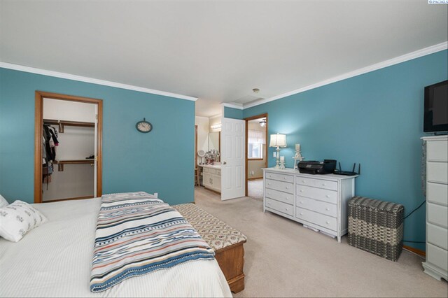 2302 W 31st Ave, Kennewick, WA 99337 - bedroom featuring ornamental molding, light colored carpet, a spacious closet, a closet, and connected bathroom