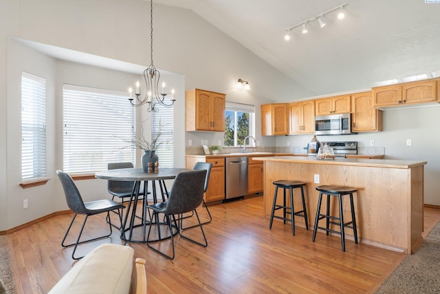 kitchen featuring light wood-style flooring, a center island, stainless steel appliances, light countertops, and a sink