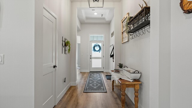 6012 W 31st Ave, Kennewick, WA 99336 - entryway featuring wood finished floors, a tray ceiling, and baseboards