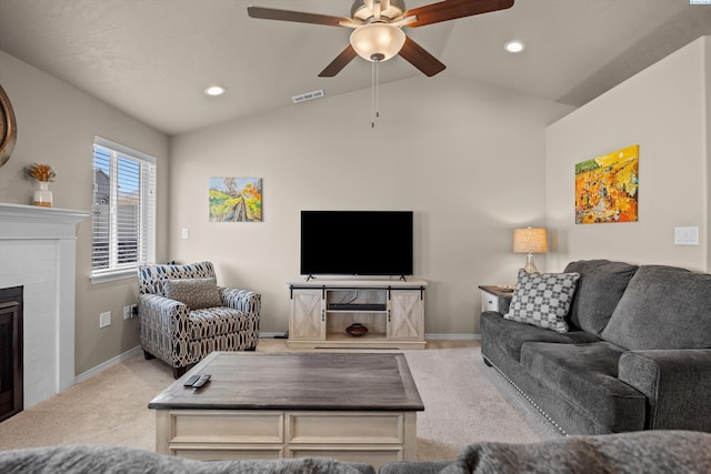 320 San Fernando Way, Prosser, WA 99350 - living room with a ceiling fan, vaulted ceiling, visible vents, and carpet