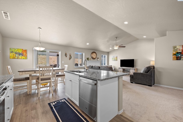 320 San Fernando Way, Prosser, WA 99350 - kitchen featuring visible vents, a ceiling fan, a sink, dark stone countertops, and appliances with stainless steel finishes