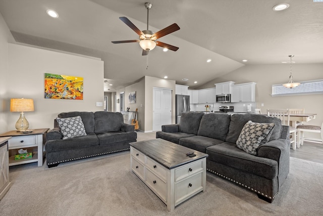 320 San Fernando Way, Prosser, WA 99350 - living room featuring a ceiling fan, recessed lighting, light carpet, and vaulted ceiling