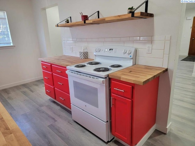 kitchen with open shelves, red cabinetry, wooden counters, and white electric range