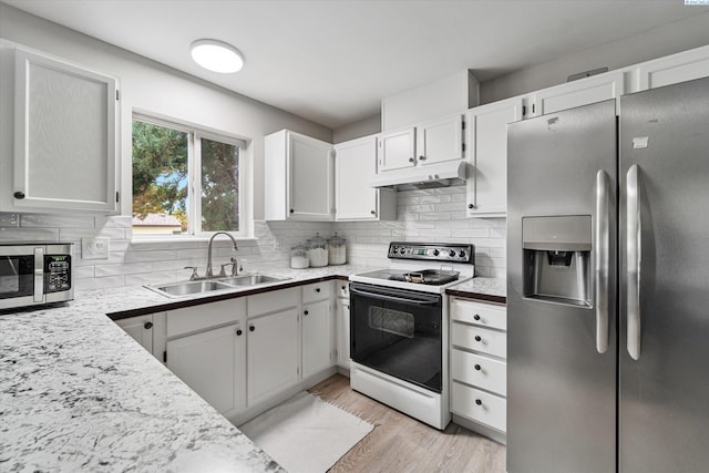 kitchen with sink, white cabinetry, backsplash, stainless steel appliances, and light hardwood / wood-style floors