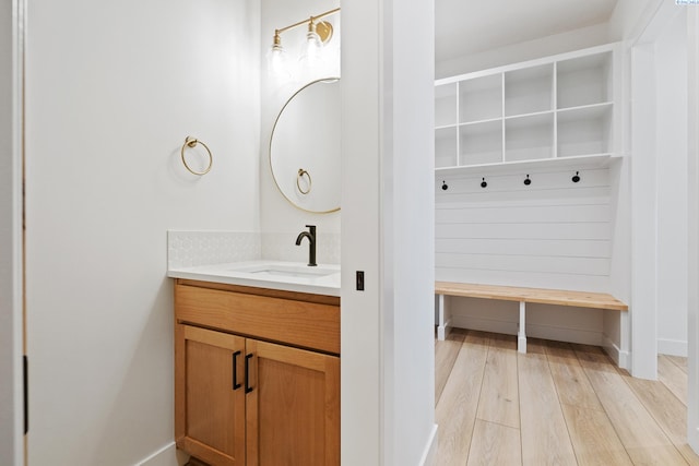 bathroom with baseboards, wood finished floors, and vanity