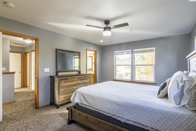 carpeted bedroom with baseboards and a ceiling fan
