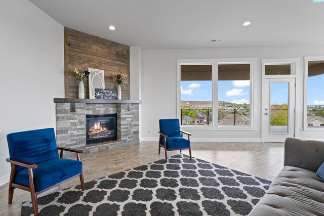 living room featuring wood-type flooring and a fireplace