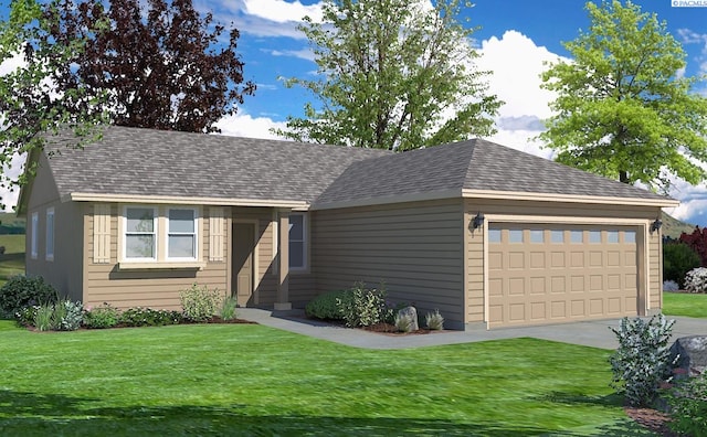 ranch-style house with a garage and a front lawn