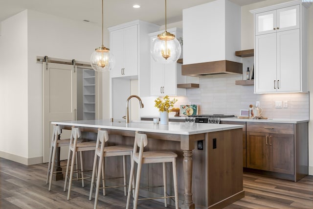 kitchen with tasteful backsplash, a sink, custom exhaust hood, and a barn door