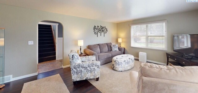 living room featuring dark wood-type flooring