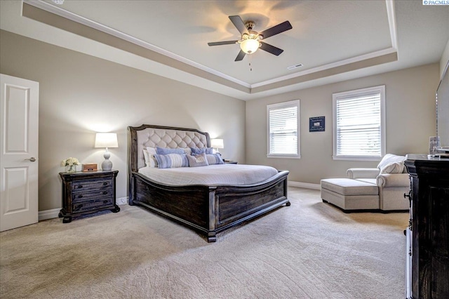 87021 Summit View Dr, Kennewick, WA 99338 - carpeted bedroom with a raised ceiling, baseboards, a ceiling fan, and ornamental molding
