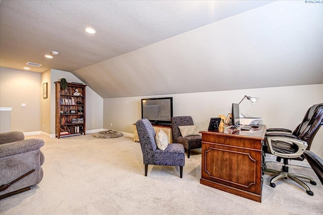 87021 Summit View Dr, Kennewick, WA 99338 - home office featuring light colored carpet, baseboards, lofted ceiling, recessed lighting, and a textured ceiling
