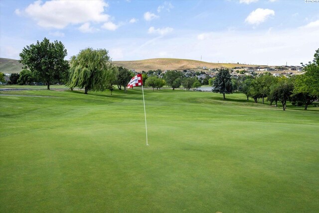 1209 W Canyon Lakes Dr, Kennewick, WA 99337 - view of property's community featuring golf course view, a mountain view, a lawn, and a putting green