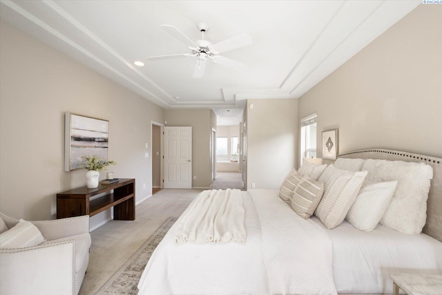 1209 W Canyon Lakes Dr, Kennewick, WA 99337 - bedroom featuring light colored carpet, connected bathroom, and ceiling fan