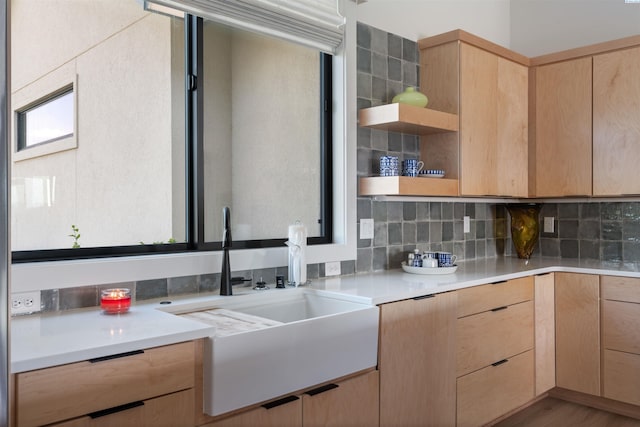 7004 Ricky Rd, Pasco, WA 93301 - kitchen with open shelves, tasteful backsplash, light brown cabinetry, and light countertops