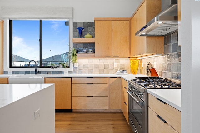 7004 Ricky Rd, Pasco, WA 93301 - kitchen with stainless steel range, wall chimney exhaust hood, light brown cabinets, and a sink