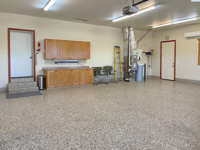 garage featuring a garage door opener, an AC wall unit, heating unit, and baseboards