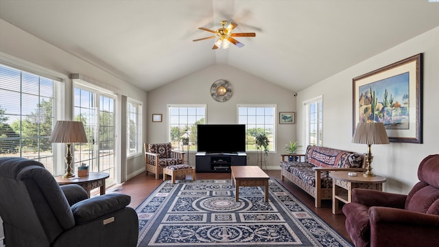 151002 W Richards Rd, Prosser, WA 99350 - living area featuring a ceiling fan, dark wood finished floors, vaulted ceiling, and plenty of natural light