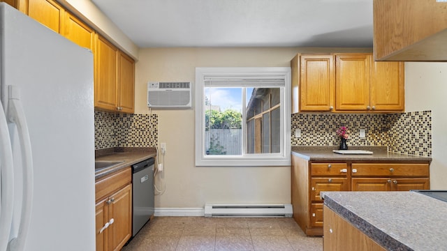 2101 W Kennewick Ave, Kennewick, WA 99336 - kitchen with freestanding refrigerator, a baseboard heating unit, dishwasher, and dark countertops
