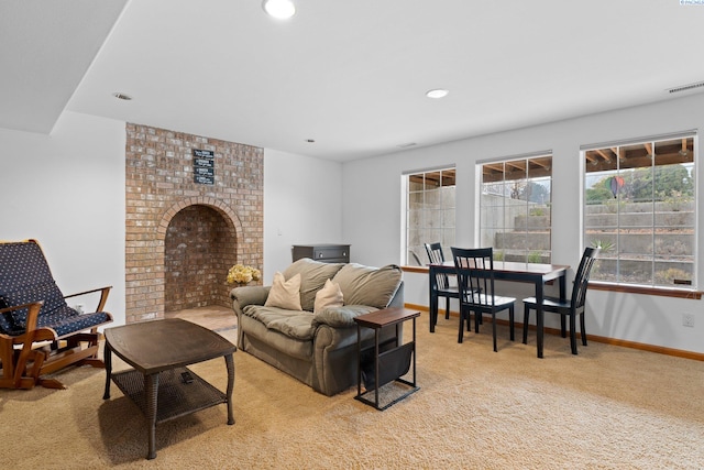 living room featuring light carpet