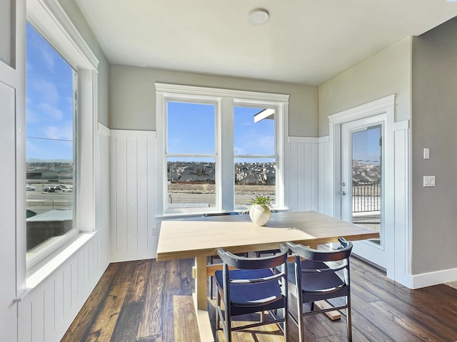 dining area featuring dark wood-style flooring, wainscoting, and a decorative wall