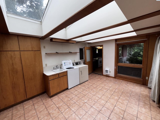 1630 NE Gaines Rd, Pullman, WA 99163 - kitchen with open shelves, a skylight, a sink, light countertops, and heating unit