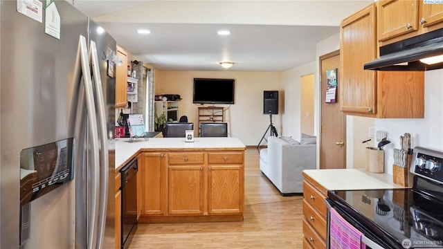 235 E Lilac Pl, Othello, WA 99344 - kitchen featuring stainless steel fridge, electric stove, under cabinet range hood, open floor plan, and black dishwasher