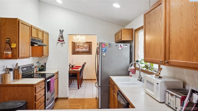 235 E Lilac Pl, Othello, WA 99344 - kitchen with appliances with stainless steel finishes, under cabinet range hood, a sink, lofted ceiling, and a chandelier