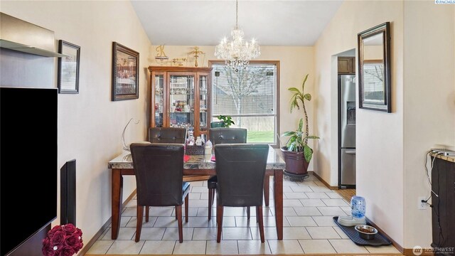 235 E Lilac Pl, Othello, WA 99344 - dining room featuring a chandelier, lofted ceiling, and baseboards