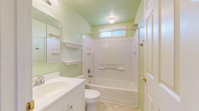 bathroom featuring toilet, bathing tub / shower combination, tile patterned flooring, and vanity