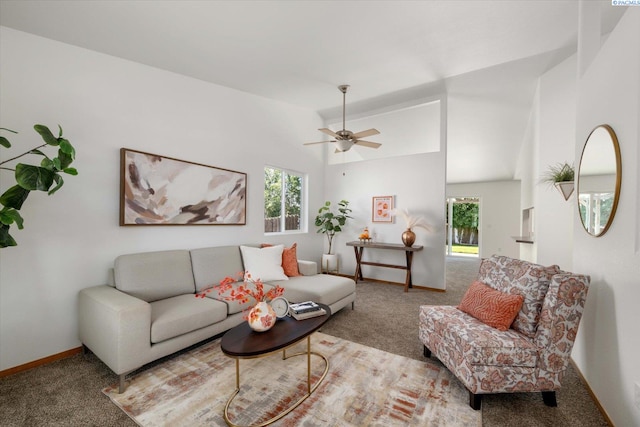 4607 Yuma Dr, Pasco, WA 99301 - living area with carpet floors, lofted ceiling, a ceiling fan, and baseboards