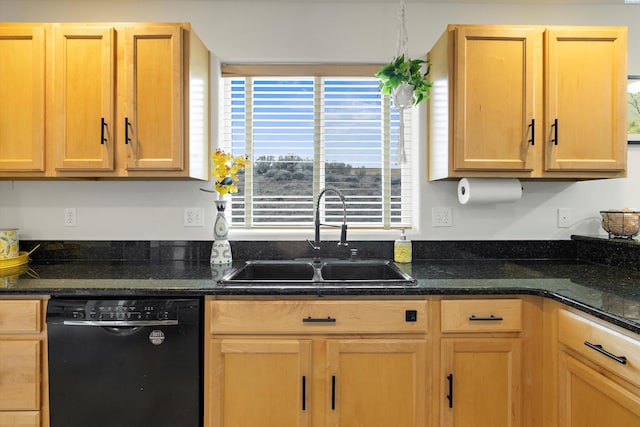 kitchen featuring black dishwasher, dark stone countertops, and a sink