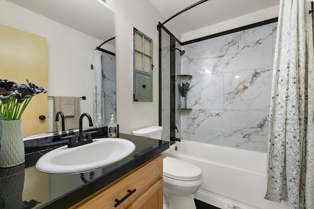 full bath featuring toilet, shower / bathtub combination with curtain, and vanity