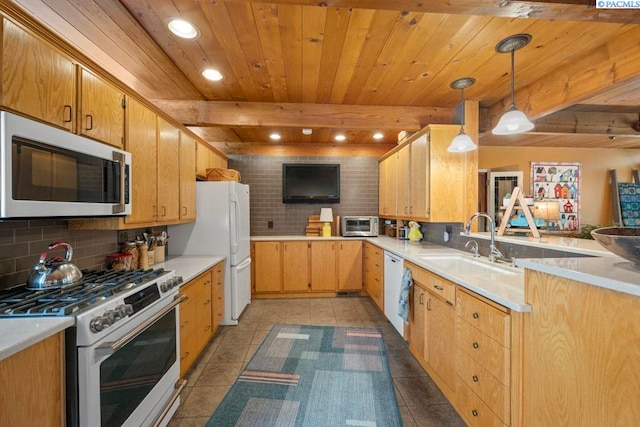 835 SE Spring St, Pullman, WA 99163 - kitchen featuring white appliances, a wooden ceiling with exposed beams, tasteful backsplash, dark tile patterned floors, and recessed lighting