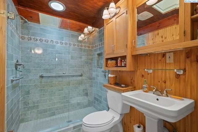 835 SE Spring St, Pullman, WA 99163 - bathroom with a shower stall, wooden ceiling, wood walls, and a skylight