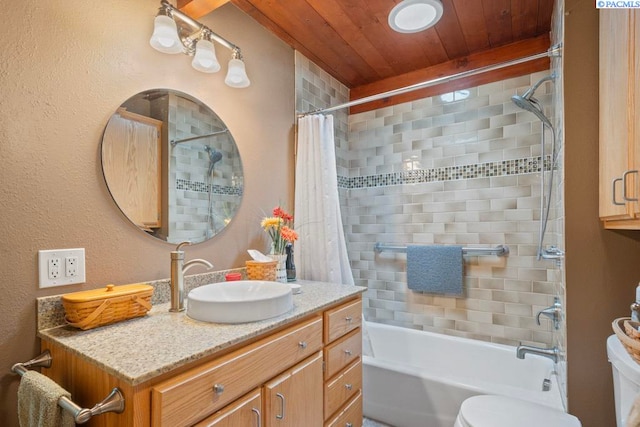 835 SE Spring St, Pullman, WA 99163 - bathroom with vanity, shower / bath combination with curtain, and wooden ceiling