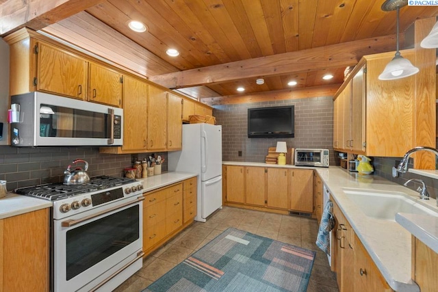 835 SE Spring St, Pullman, WA 99163 - kitchen featuring white appliances, decorative backsplash, wooden ceiling, recessed lighting, and light countertops
