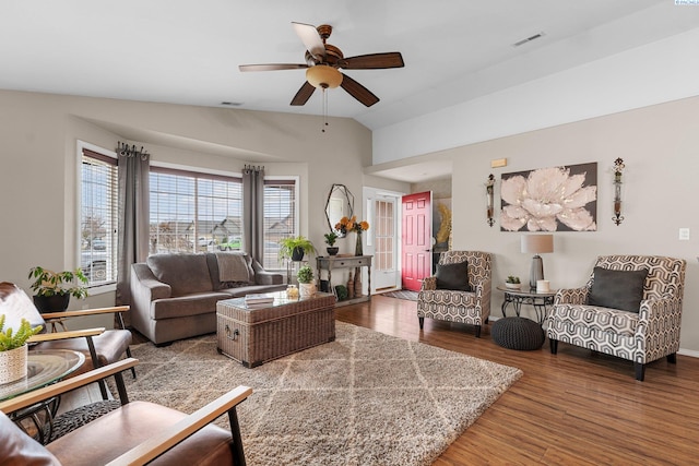 5504 Koufax Ln, Pasco, WA 99301 - living area with wood finished floors, lofted ceiling, ceiling fan, and baseboards