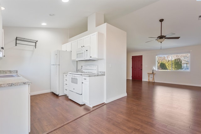 kitchen featuring lofted ceiling, white appliances, white cabinets, open floor plan, and dark wood-style floors