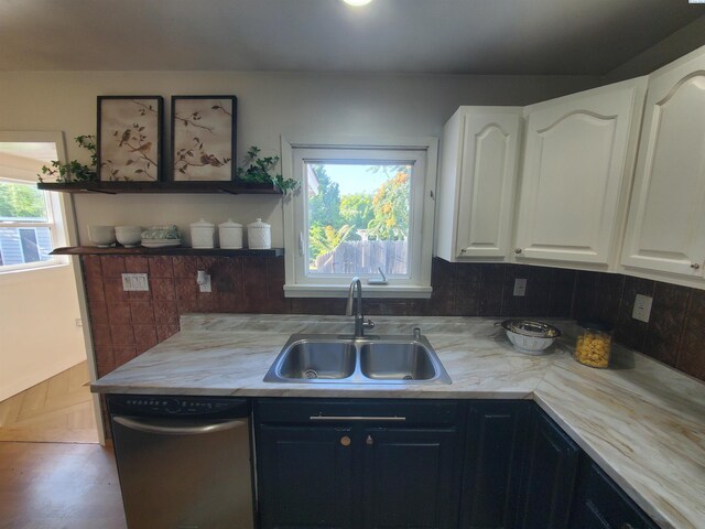 3011 W Hood Ave, Kennewick, WA 99336 - kitchen featuring stainless steel dishwasher, white cabinets, light countertops, and open shelves