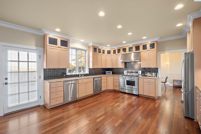 kitchen with under cabinet range hood, light countertops, appliances with stainless steel finishes, and a sink