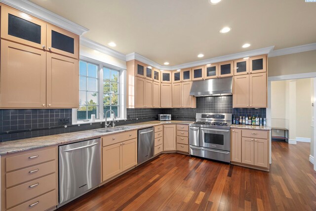 kitchen with under cabinet range hood, ornamental molding, appliances with stainless steel finishes, dark wood-style floors, and a sink