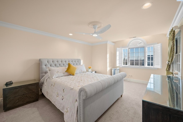 carpeted bedroom featuring recessed lighting, baseboards, ornamental molding, and ceiling fan