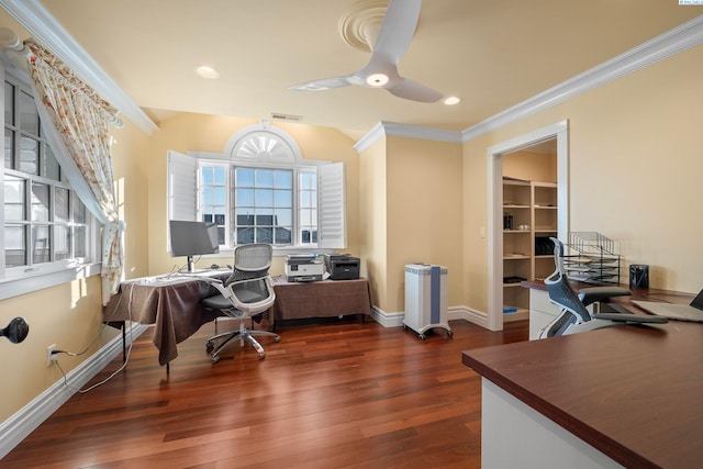 home office featuring visible vents, ornamental molding, wood finished floors, baseboards, and ceiling fan