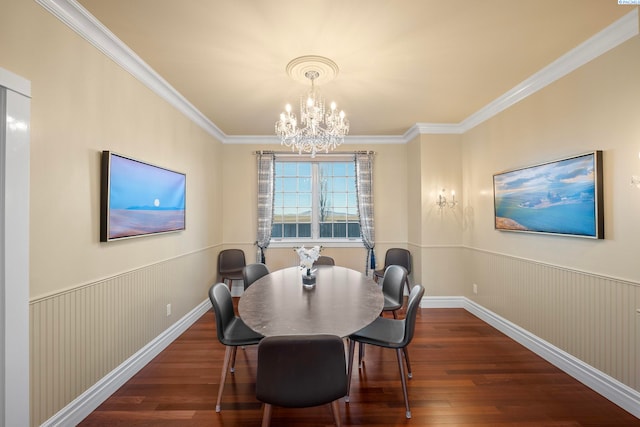 dining room with a wainscoted wall, ornamental molding, and dark wood-style flooring